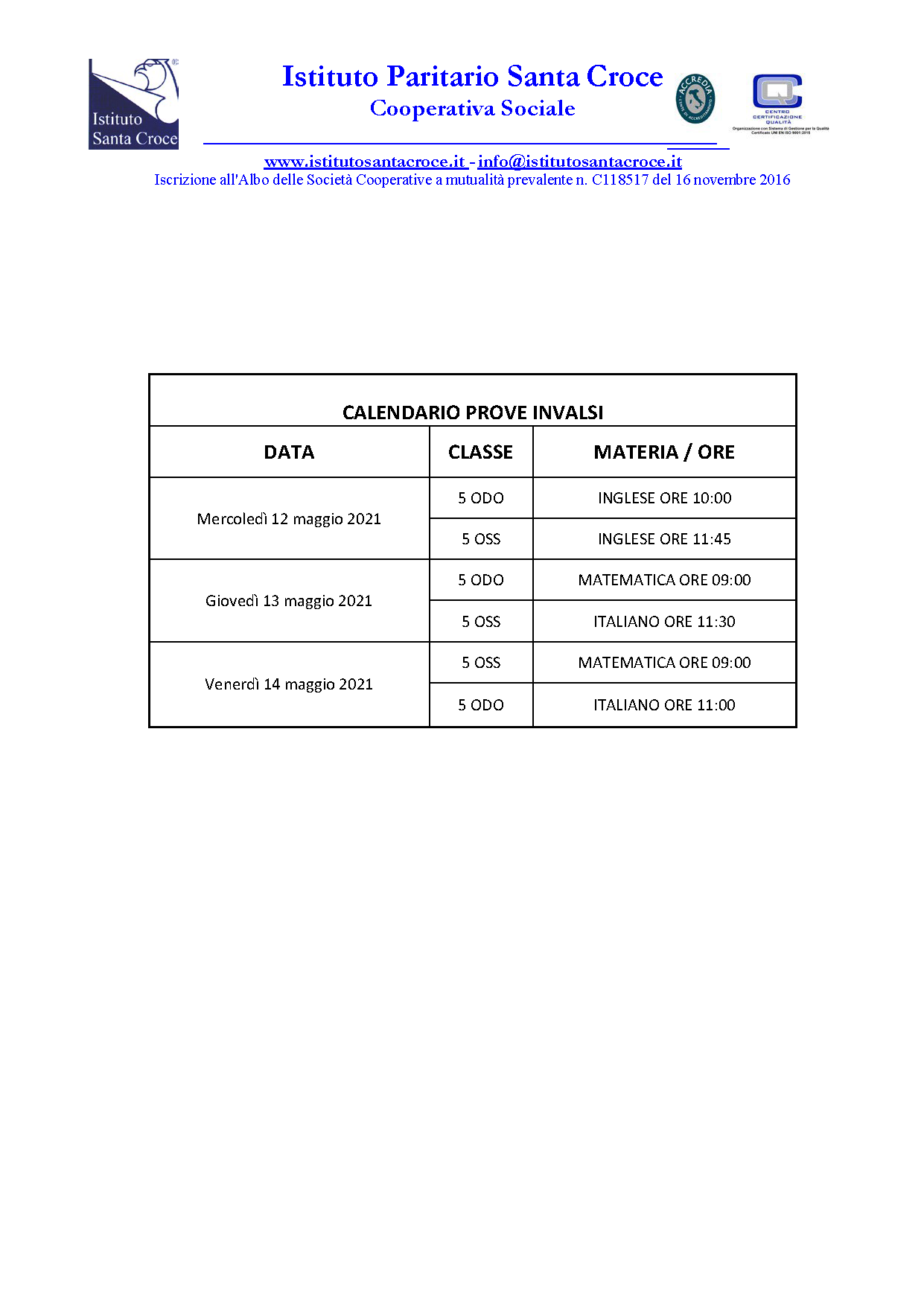 CALENDARIO INVALSI 5 SUPERIORI 2021