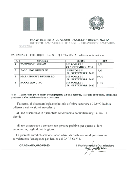 Calendario e modalità accesso Sessione Straordinaria Esami Maturità Socio Sanitario