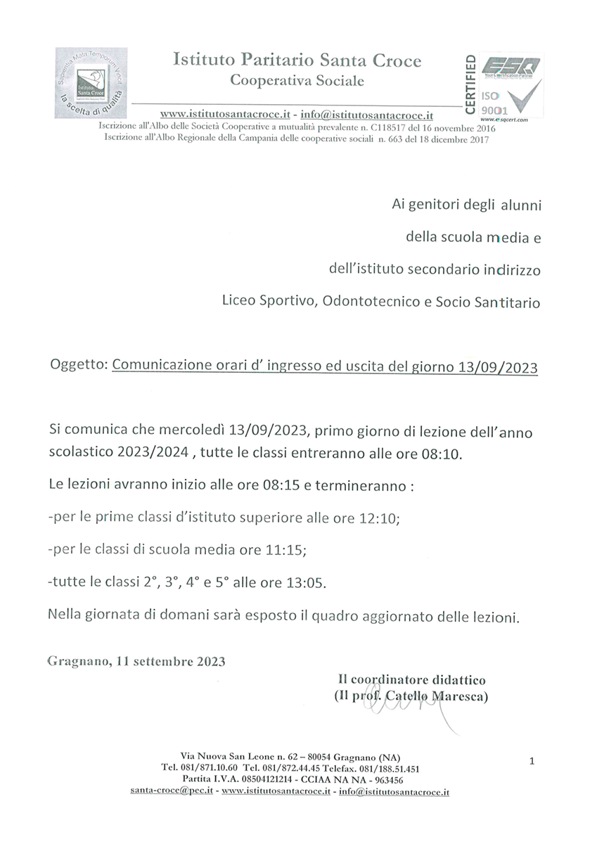 Comunicazione entrate e uscite del 13.09