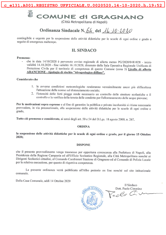 ORDINANZA SINDACALE N. 64 DEL 14.10.2020 PROT. N. 20520 DEL 14.10.2020