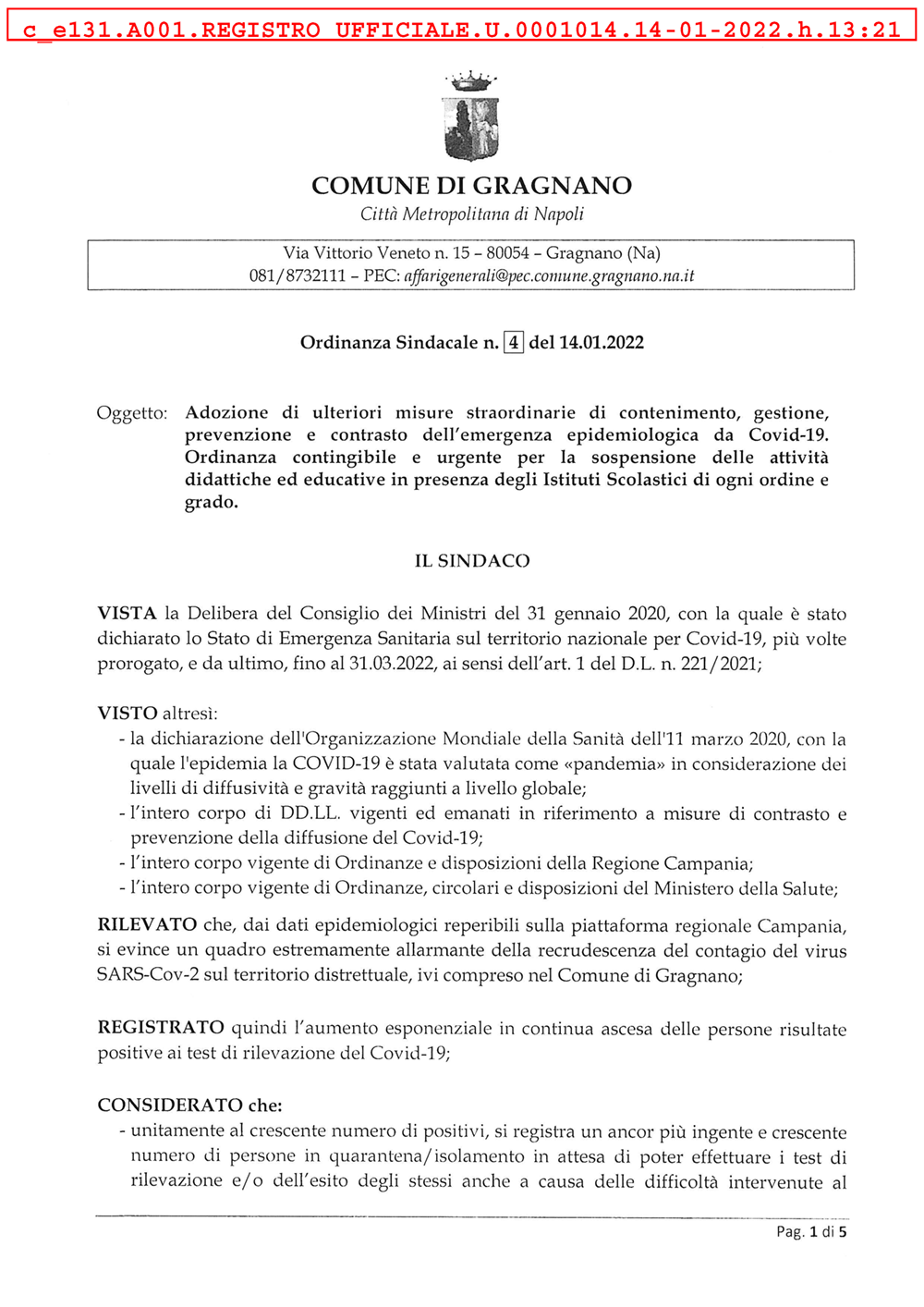 ORDINANZA SINDACALE n. 4 del 14.01.2022. Pagina 1